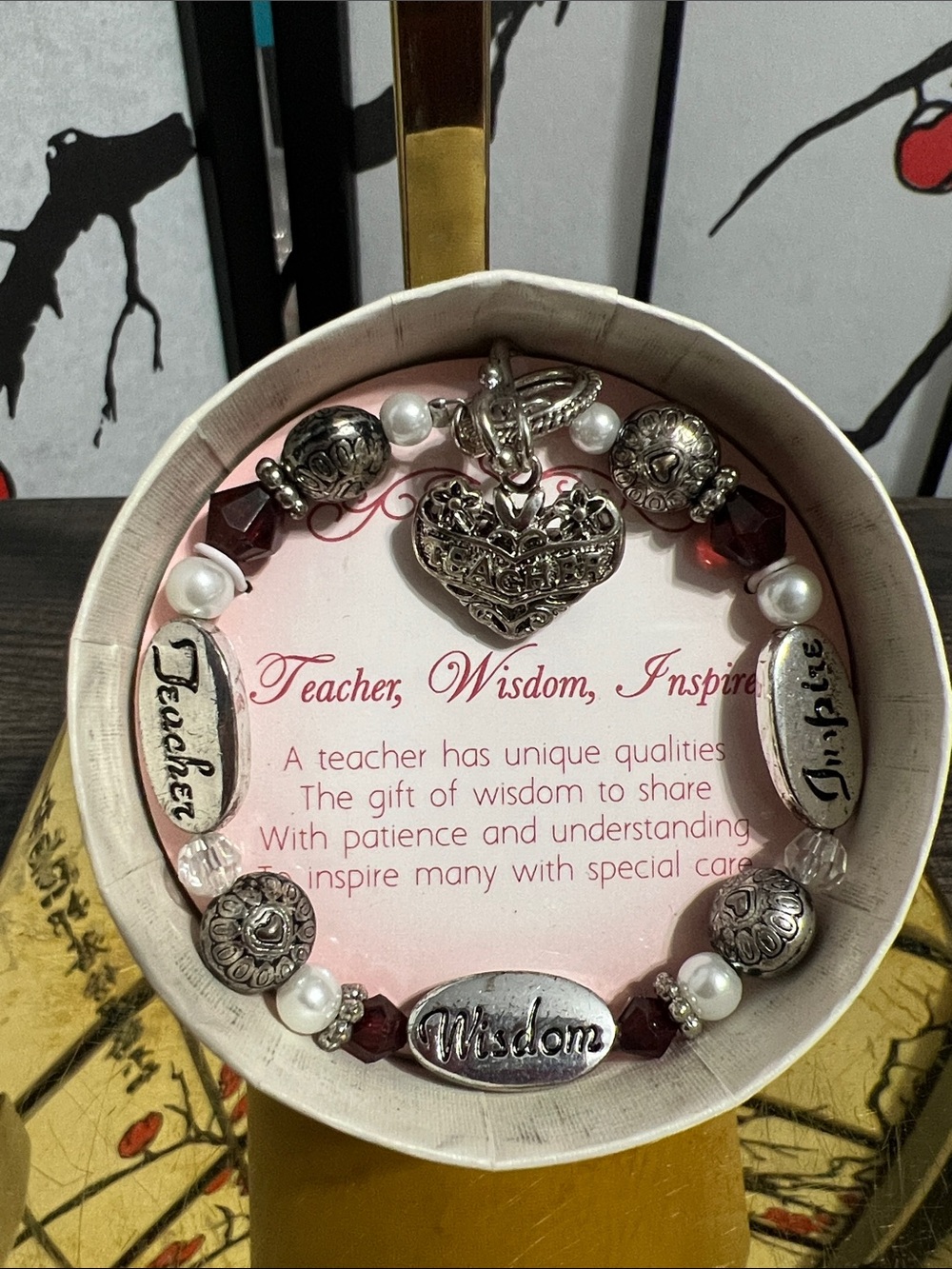 Teacher, Wisdom, Inspire Silver-Tone Heart Charm Bracelet - Pink Accents